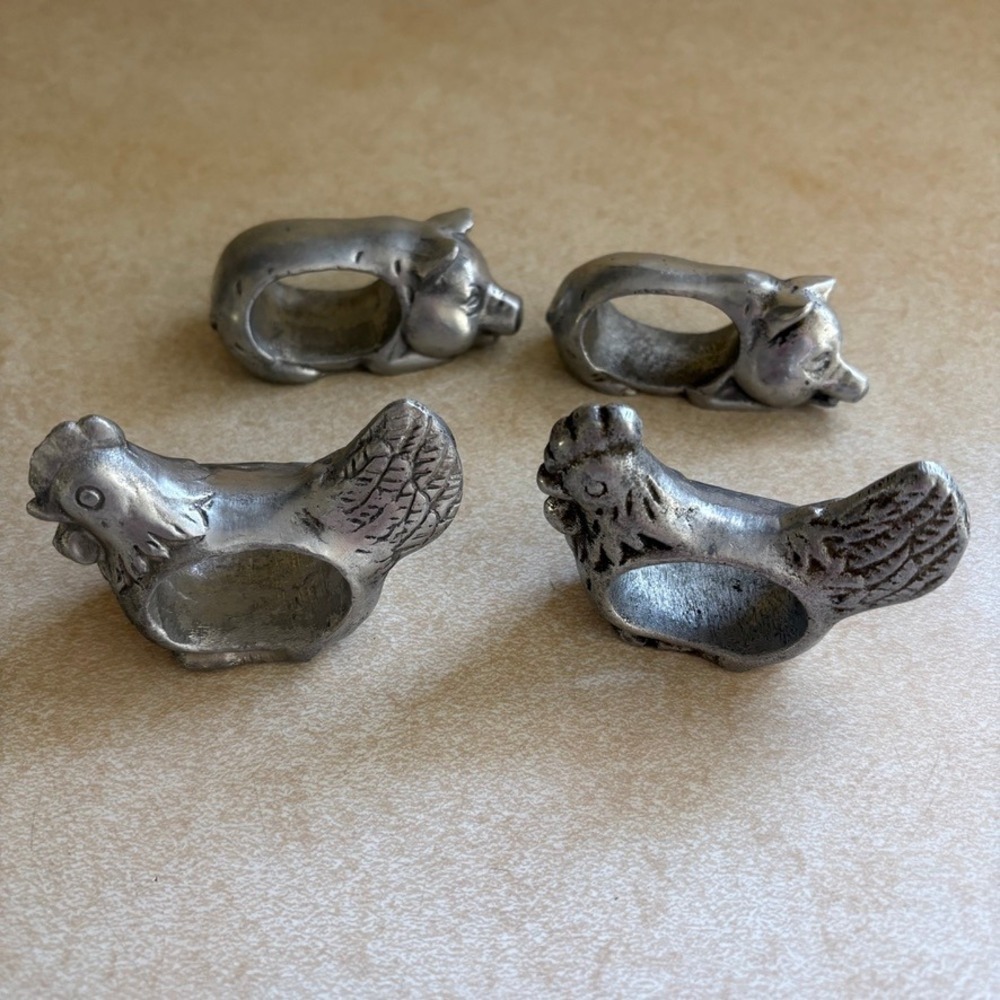 Vtg Cottagecore‎ Farm Animal Napkin Ring Set of 4 Cast Metal Pig Rooster